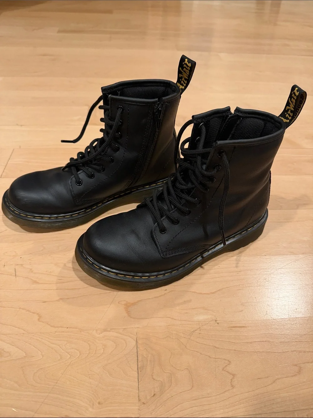 Dr Martens 1460J Black Lace-Up Combat Boots with Yellow Stitching 4Y